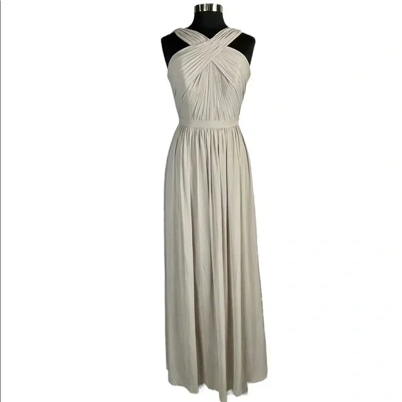 WATTERS MICAH SANDSTONE CRINKLE CHIFFON A LINE HALTER BRIDESMAID FORMAL GOWN - Picture 2 of 16